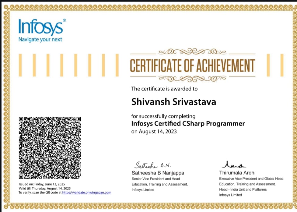 Infosys Certified CSharp Programmer